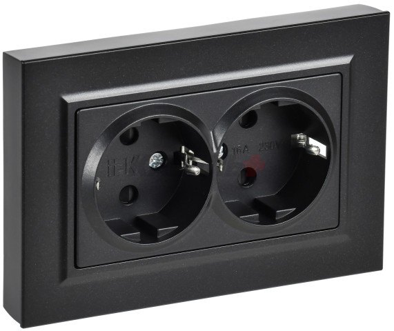 BRITE Розетка 2-местная с заземлением с защитными шторками плоская 16А в сборе РСшПл12-3-БрЧ черный IEK