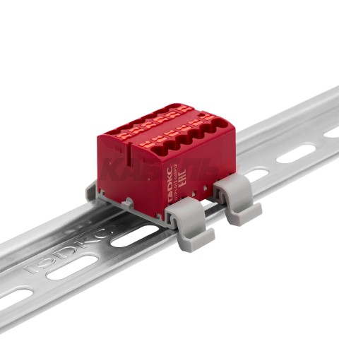 Блок распределительный с гориз. адаптером на рейку шириной 35мм, зажим push-in, 12 точек подключения 2,5 кв.мм, красный DKC