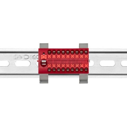 Блок распределительный с гориз. адаптером на рейку шириной 35мм, зажим push-in, 1 ввод 6 кв.мм, 18 точек подключения 2,5 кв.мм, красный DKC