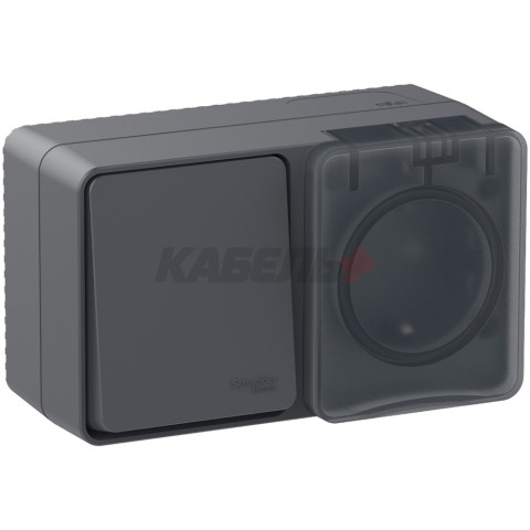 ATLASDESIGN PROFI IP54 О/У БЛОК: РОЗЕТКА с заземл. со шт., 16А, ВЫКЛЮЧАТЕЛЬ 1-клав., 10АХ, АНТРАЦИТ