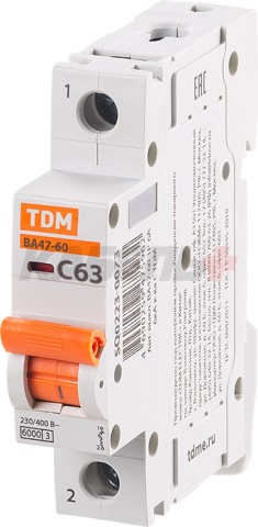 Автоматический выключатель ВА47-60 1Р 63А 6кА х-ка С TDM