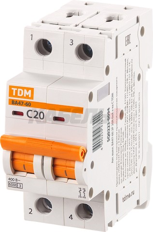 Автоматический выключатель ВА47-60 2Р 20А 6кА х-ка С TDM