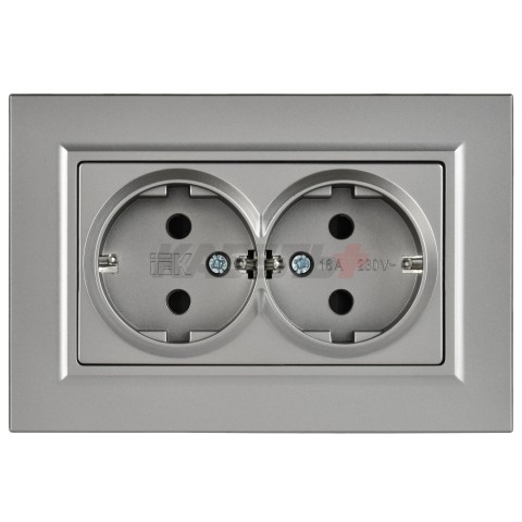 BRITE Розетка 2-местная с заземлением с защитными шторками плоская 16А в сборе РСшПл12-3-БрС сталь IEK