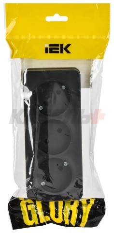 GLORY Розетка 3-местная для открытой установки без заземления без защитных шторок 10А РС23-2-ХЧм черный матовый IEK