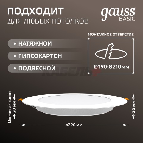 Светильник Gauss Basic Downlight круг 24W 2100m 4000K 170-260V IP20 225*26 белый LED 1/40