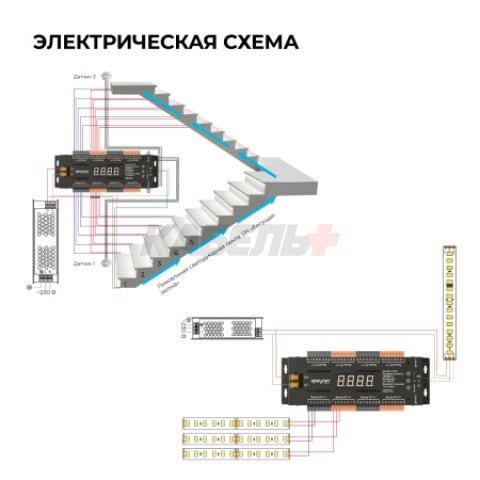 04-63 Контроллер для лестницы, 12В/24В, 480/960Вт, 32CH*1,5А, IP20, 199х63х22,5, 4 реж., 10 скор., черный
