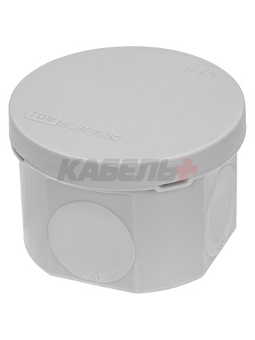 Распаячная коробка, двухкомпонентная, ОП D70х50 мм, IP66, 4 вх., серая, инд. штрихкод TDM