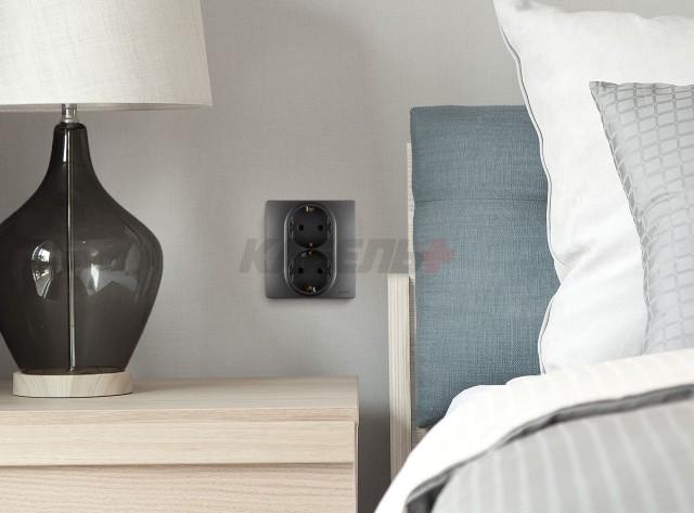 INSPIRIA Розетка 2-местная с заземлением с защитными шторками 16А безвинтовое крепление в сборе антрацит