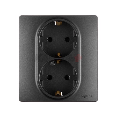 INSPIRIA Розетка 2-местная с заземлением с защитными шторками 16А безвинтовое крепление в сборе антрацит