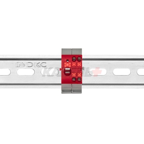 Блок распределительный с гориз. адаптером на рейку шириной 35мм, зажим push-in, 1 ввод 6 кв.мм, 4 точки подключения 2,5 кв.мм, красный DKC