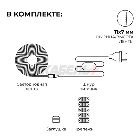 Комплект светодиодной ленты 220В НЕОН COB 11Вт/м, 650 лм/м, 3000К (т/б), 288д/м, 5м, IP65, с аксессуарами (сетевой шнур, заглушка - 1шт, крепеж - 5шт)