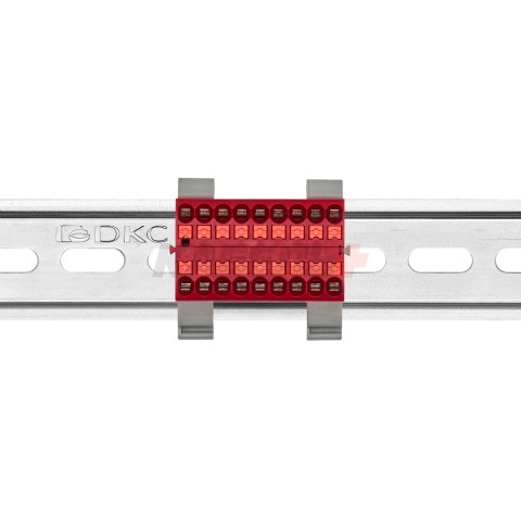 Блок распределительный с гориз. адаптером на рейку шириной 35мм, зажим push-in, 18 точек подключения 2,5 кв.мм, красный DKC