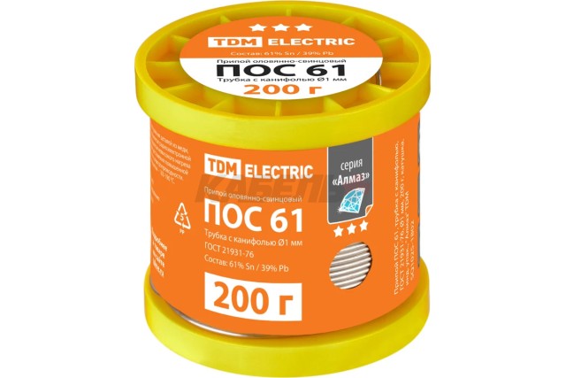 Припой ПОС 61, трубка с канифолью, ГОСТ 21931-76, Ø1 мм, 200 г, катушка, инд. упак., "Алмаз" TDM