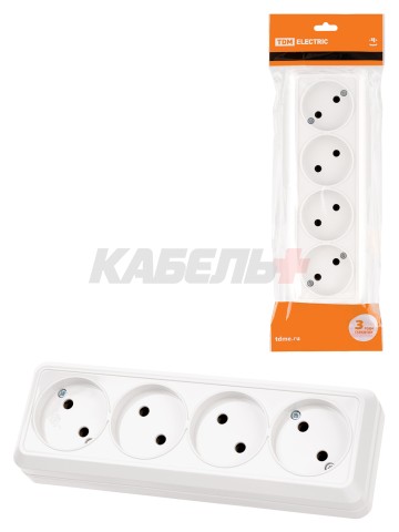Розетка 4-х местная горизонтальная 2П открытой установки IP20 10A белая "Ладога" TDM