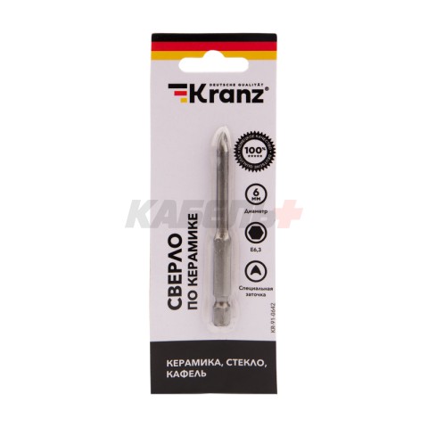 Сверло по стеклу и керамике 6 мм, 2 грани, шестигранный хвостовик KRANZ