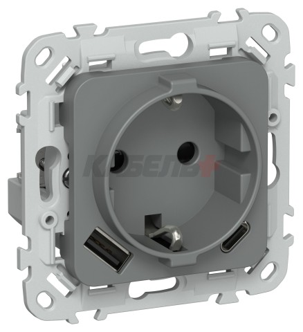 FLITE Розетка 1-местная с заземлением с защитными шторками 16А с USB A+C 20Вт РСЮшс11-0-ФлМА мокрый асфальт IEK
