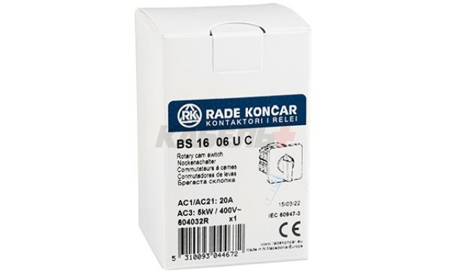 Переключатель BS 16 06 U, 2P, 20A, тип 0-1 (90°), 2NO на 1, 2.5kW(230VAC по АС-23), на дверь, фронт IP40