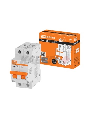 Автоматический выключатель ВА47-60 2Р 40А 6кА х-ка С TDM