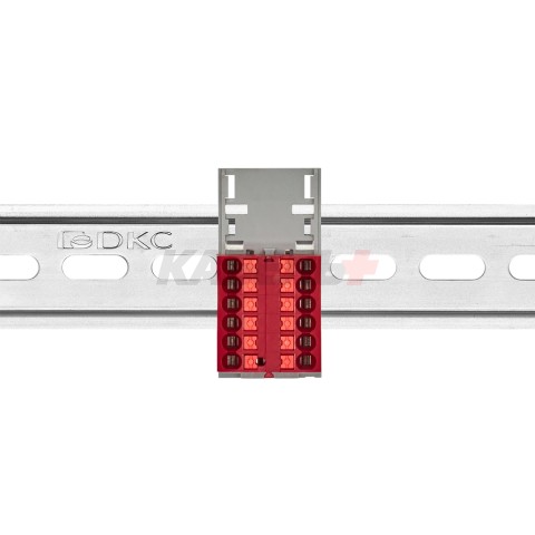 Блок распределительный с верт. адаптером на рейки шириной 15/35мм, зажим push-in, 12 точек подключения 2,5 кв.мм, красный DKC