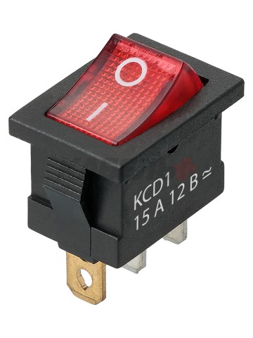 KCD1-101N 12В AC/DC, 1P, 15А, (3с), ON-OFF, черный корпус, крас.клавиша, LED подсв., Mini TDM