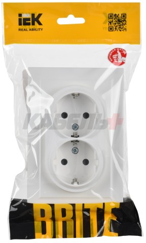 BRITE Розетка 2-местная с заземлением с защитными шторками 16А в сборе РСш12-3-БрАБ арктический белый IEK