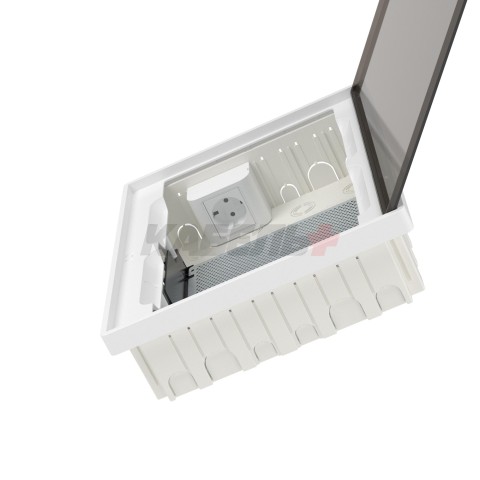 Щиток 24 мод встраиваемый слаботочный FRAME, белый, с тонированной дверцей, с монтажной платой, в комплекте с 1 розеткой Viva (арт. 45005) и 1 коробкой PDD (арт. 10033) DKC