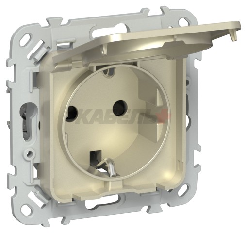 FLITE Розетка с заземлением с защитными шторками и крышкой безвинтовое крепление 16А IP44 РСшкр11-1-44-ФлШ шампань IEK