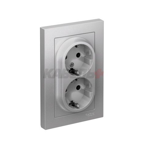 ATLASDESIGN РОЗЕТКА двойная с заземлением без шторок, 16А, в сборе, АЛЮМИНИЙ