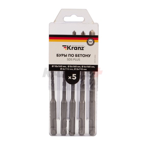 Набор буров по бетону 5-6х110х50, 6-8-10х160х100мм, 5 шт, в пластиковой коробке SDS PLUS KRANZ