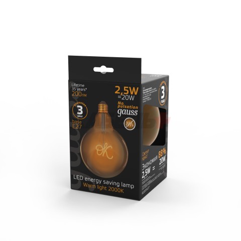 Лампа Gauss Filament G125 2,5W 200lm 2000К Е27 golden OK LED 1/20