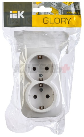 GLORY Розетка 2-местная для открытой установки с заземлением без защитных шторок 16А РС22-3-ХБ белый IEK
