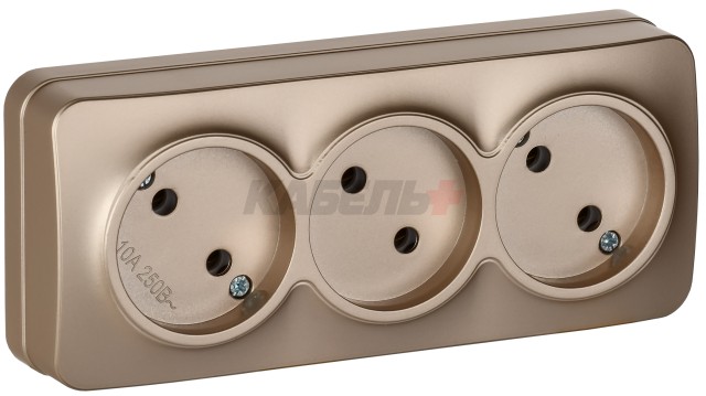 GLORY Розетка 3-местная для открытой установки без заземления без защитных шторок 10А РС23-2-ХШм шампань матовый IEK