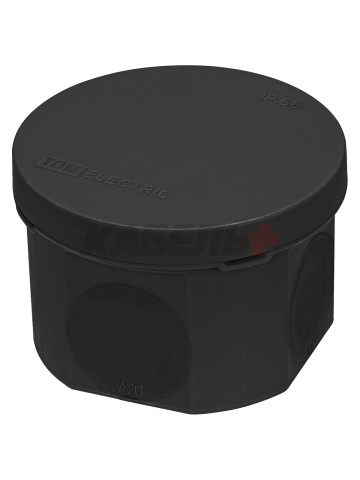 Распаячная коробка, двухкомпонентная, ОП D70х50 мм, IP66, 4 вх., черная, инд. штрихкод TDM