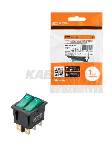 KCD3-221N 250В AC/DC, 1P, 15А, (6с), ON-OFF, черный корпус, две зеленые клавиши, LED, TDM