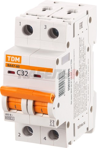Автоматический выключатель ВА47-60 2Р 32А 6кА х-ка С TDM