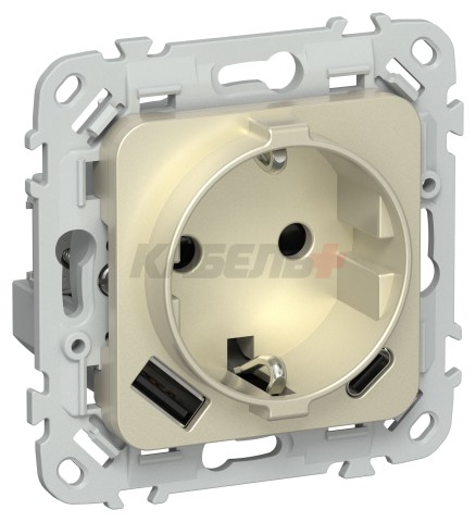 FLITE Розетка 1-местная с заземлением с защитными шторками 16А с USB A+C 20Вт РСЮшс11-0-ФлШ шампань IEK