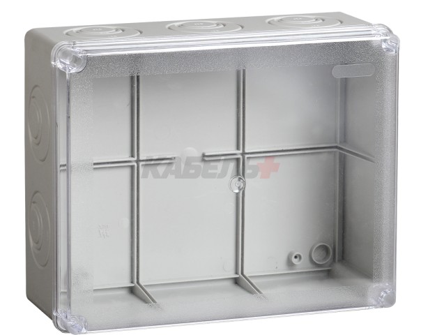 Коробка распаячная КМ41275 для открытой проводки безгалогенная (HF) 240х195х90мм с прозрачной крышкой IP44 5 вводов RAL 7035 IEK