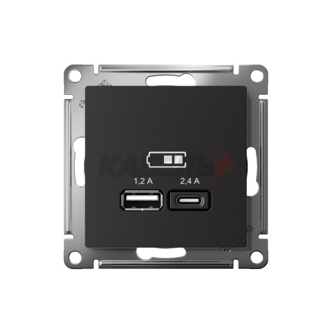 ATLASDESIGN USB РОЗЕТКА А+С, 5В/2,4А, 2х5В/1,2А, механизм, КАРБОН