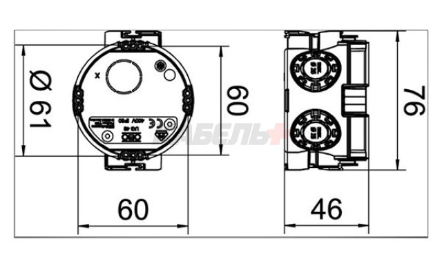 UG 46, Монтажная коробка для твёрдых стен  Ø60мм, Н46mm, 7 вводов, без галогена, 25шт в уп.