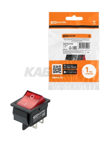 KCD4-201N 250В AC/DC, 2P, 16А, (4с), ON-OFF черный корпус, красная клавиша с LED подсветкой TDM