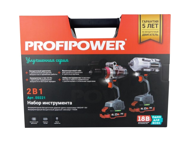 Аккумуляторный бесщеточный НАБОР 2в1 ProfiSet-2С18 (Li-ion-2шт, 4Ач, Адаптер HEX, набор головок, З/У, кейс, E0186, E0087)