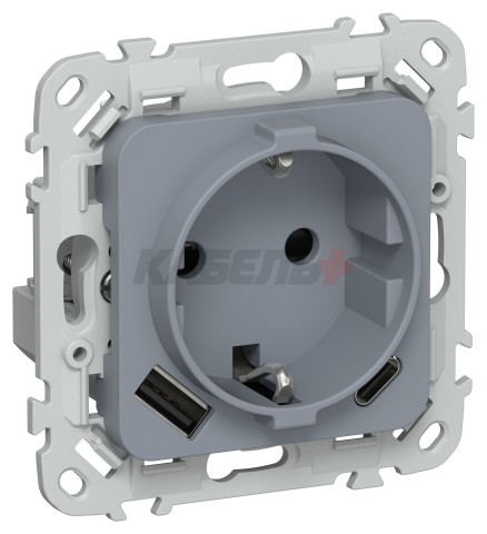 FLITE Розетка 1-местная с заземлением с защитными шторками 16А с USB A+C 20Вт РСЮшс11-0-ФлМ маренго IEK