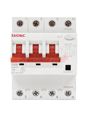 Дифавтомат YON max типа MDR, 3P+N, 30mA, 32A, хар-ка C, 6kA, тип A DKC