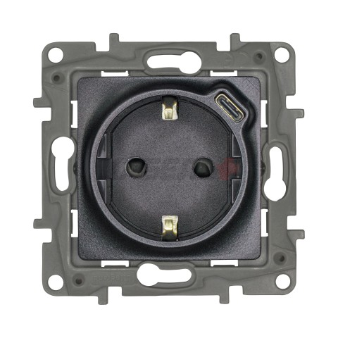 ETIKA Розетка 1-местная с заземлением с защитными шторками безвинтовые зажимы 16А с USB C 7,5Вт антрацит