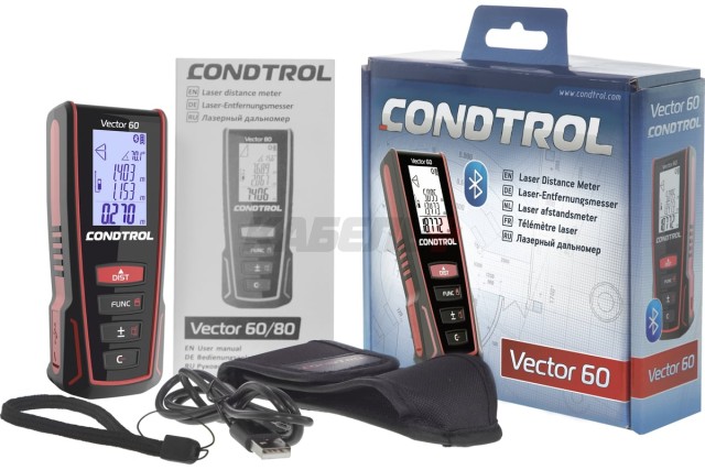 Лазерный дальномер Vector 60 (Красный / 80 м +- 1,5 мм / Li-lon / Smart Measure / Чехол), CONDTROL