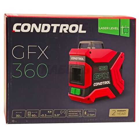 Нивелир лазерный GFX 360 (Зеленый / 30/60 м / 3 луча / +- 0,3 мм/м/ Чехол), CONDTROL