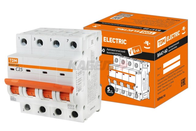 Автоматический выключатель ВА47-60 4Р 25А 6кА х-ка С TDM