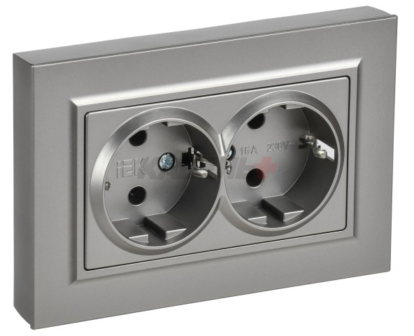BRITE Розетка 2-местная с заземлением без защитных шторок плоская 16А в сборе РСПл12-3-БрС сталь IEK
