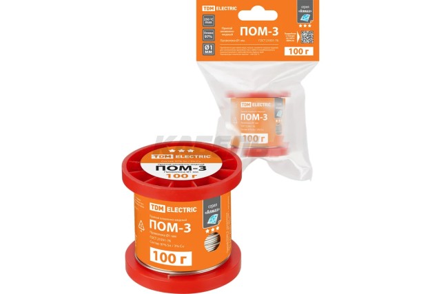 Припой ПОМ-3, проволока, ГОСТ 21931-76, Ø1 мм, 100 г, катушка, инд. упак., "Алмаз" TDM