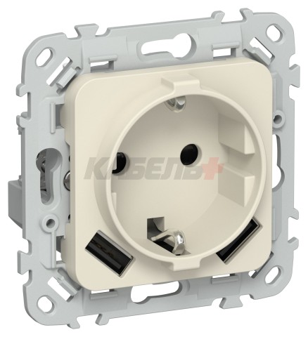 FLITE Розетка 1-местная с заземлением с защитными шторками 16А с USB A+A 3,1А безвинтовое крепление РСЮша11-1-ФлСл сливочный IEK